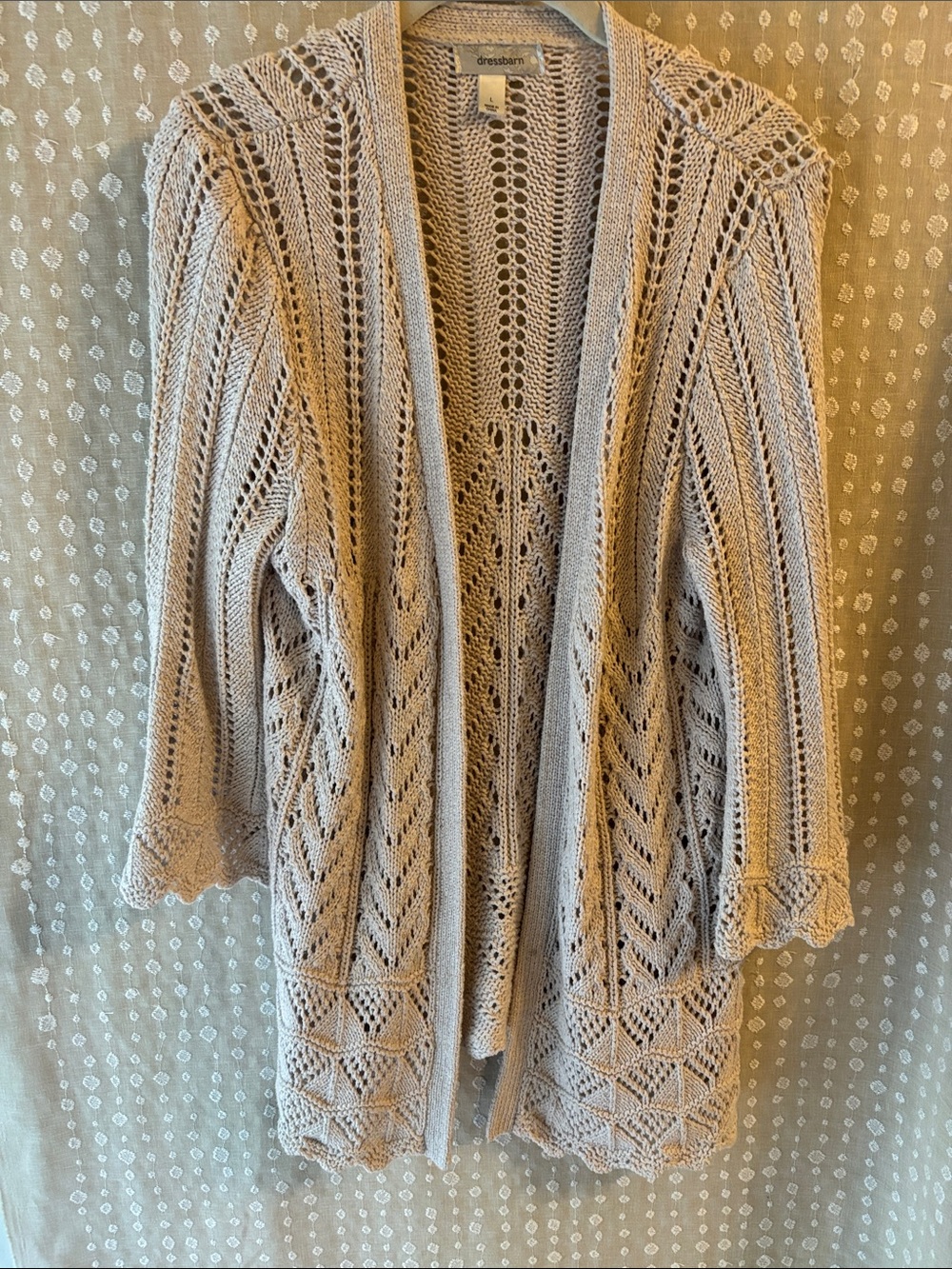 dressbarn Beige Open-Front Crochet Cardigan